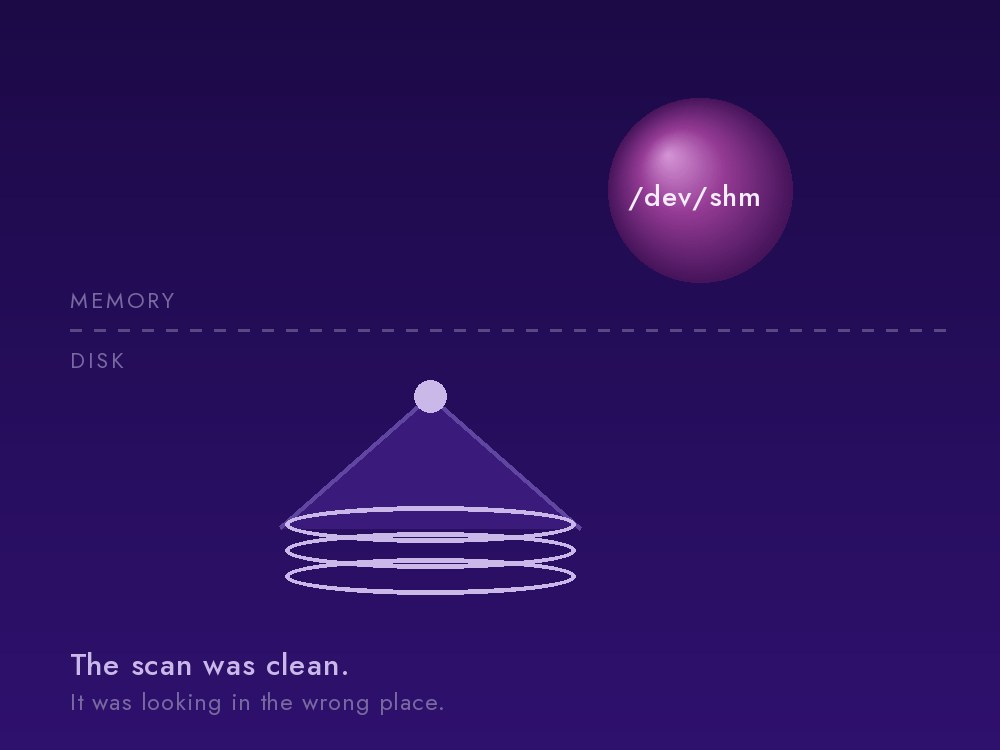 A scan beam sweeping disk platters below a dotted line, while the implant sits above the line in memory, untouched.
